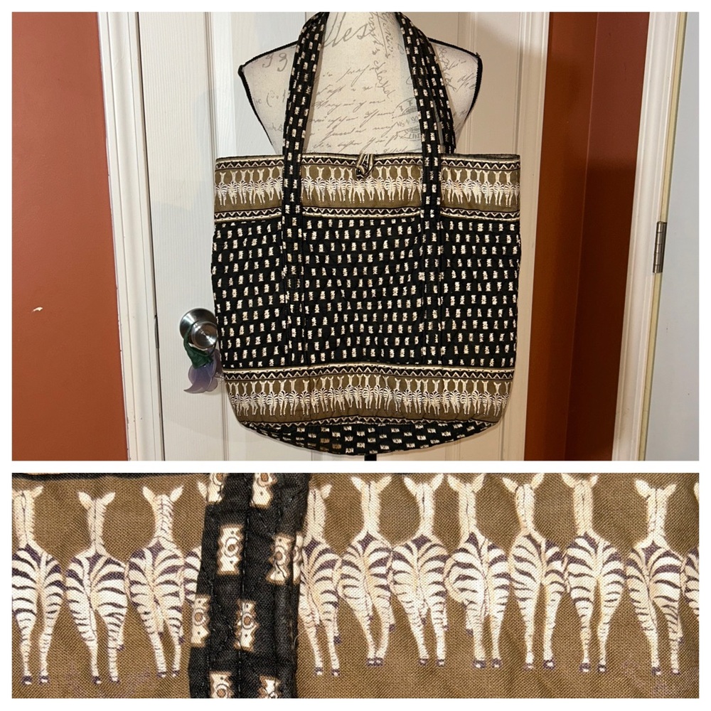 Vera Bradley Zebra Oversized Quilted Tote Bag Black Tan